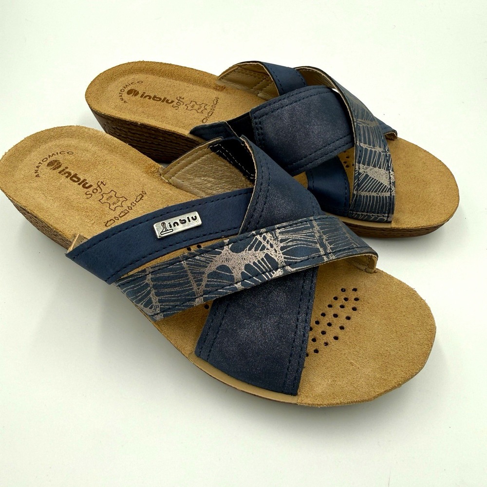 Inblu Womens Floral Slide Sandals Slip On Wedge Blue/Beige Sz 6.5 EU 37 Comfort